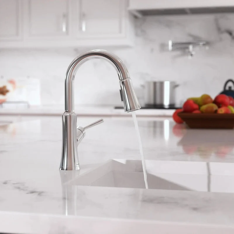 Slick Chrome Finish Pull Down Kitchen Faucet Delivering Top Shelf Performance With Heavy Duty Magnetic Docking One Handle Controls And Snappy 150 Degree Swivel Spout For Stress Free Cooking Sessions