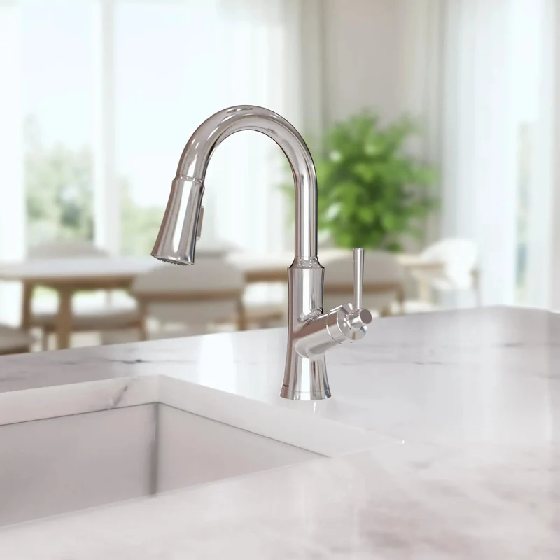 Slick Chrome Finish Pull Down Kitchen Faucet Delivering Top Shelf Performance With Heavy Duty Magnetic Docking One Handle Controls And Snappy 150 Degree Swivel Spout For Stress Free Cooking Sessions