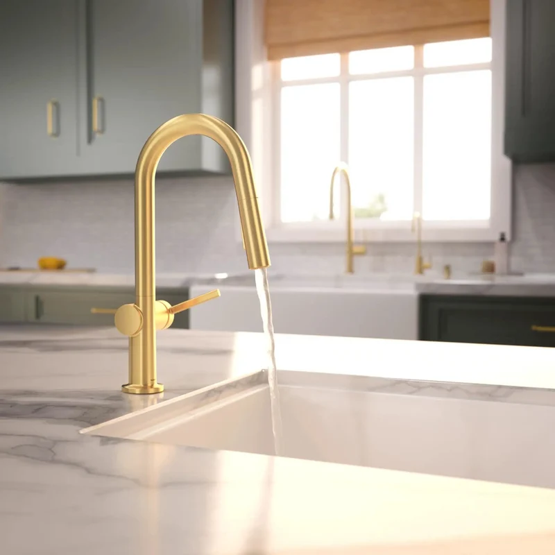 Elevate Your Counter Setup With Pull Down Kitchen Faucet Featuring Snappy Magnetic Hand Sprayer And Ergonomic Single Lever Handle High Arch Spout Guarantees Ample Workspace While Brushed Gold Optic Finish Brings Modern Glow And Resilience At 1.75 Gpm