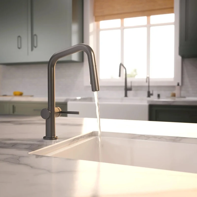 Pull Down Kitchen Faucet With Tough Magnetic Sprayer And Single Lever In Brushed Black Chrome For Modern Spaces Offering A Space Saving U Spout And Ergo Handle That Makes Wash Time A Breeze While Showing Off Sleek Lines And Zero Clutter For Total Style