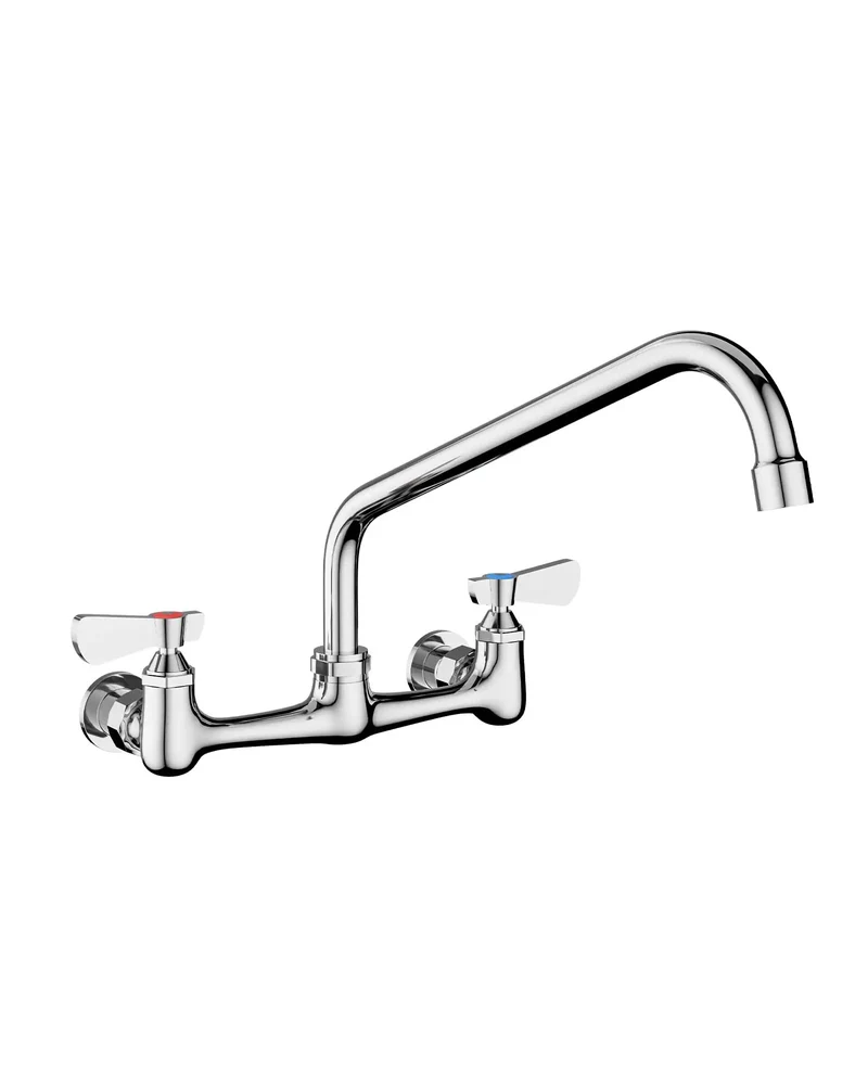 Premium Wall Mount Faucet With Adjustable Eight Inch Center Spread And Fourteen Inch Reach Swivel Spout Featuring Top Shelf Dual Handles And Built Tough Design For Heavy Duty Commercial Sinks