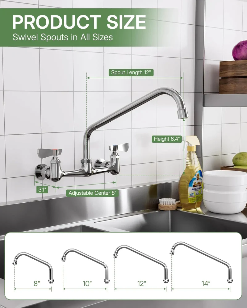 Premium Wall Mount Faucet With Adjustable Eight Inch Center Spread And Fourteen Inch Reach Swivel Spout Featuring Top Shelf Dual Handles And Built Tough Design For Heavy Duty Commercial Sinks