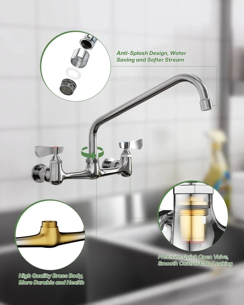 Premium Wall Mount Faucet With Adjustable Eight Inch Center Spread And Fourteen Inch Reach Swivel Spout Featuring Top Shelf Dual Handles And Built Tough Design For Heavy Duty Commercial Sinks