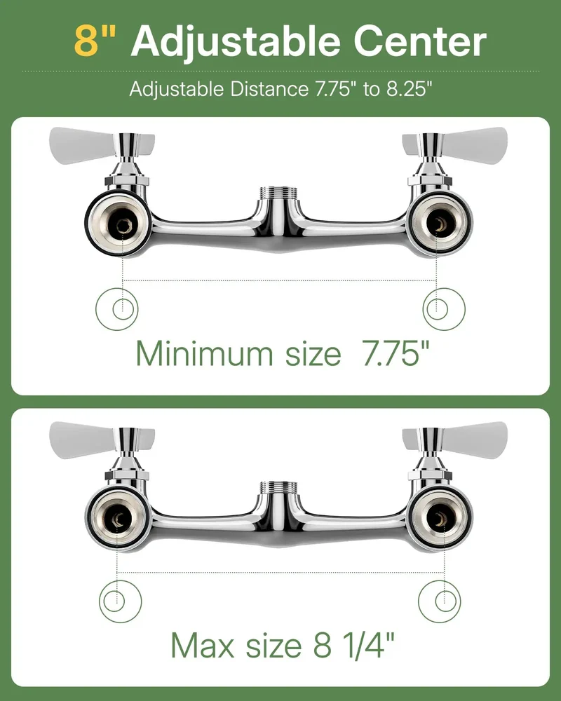 Premium Wall Mount Faucet With Adjustable Eight Inch Center Spread And Fourteen Inch Reach Swivel Spout Featuring Top Shelf Dual Handles And Built Tough Design For Heavy Duty Commercial Sinks