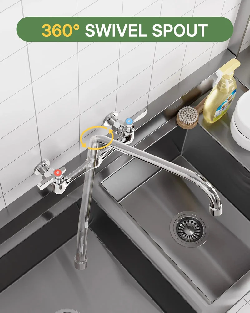 Premium Wall Mount Faucet With Adjustable Eight Inch Center Spread And Fourteen Inch Reach Swivel Spout Featuring Top Shelf Dual Handles And Built Tough Design For Heavy Duty Commercial Sinks