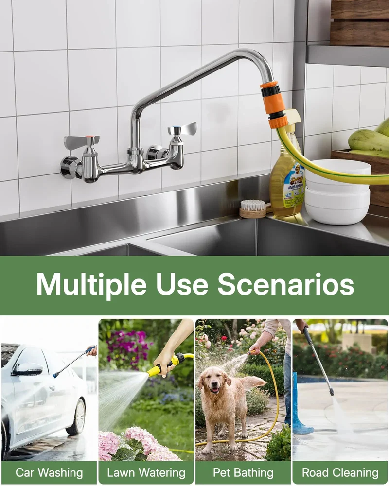 Premium Wall Mount Faucet With Adjustable Eight Inch Center Spread And Fourteen Inch Reach Swivel Spout Featuring Top Shelf Dual Handles And Built Tough Design For Heavy Duty Commercial Sinks