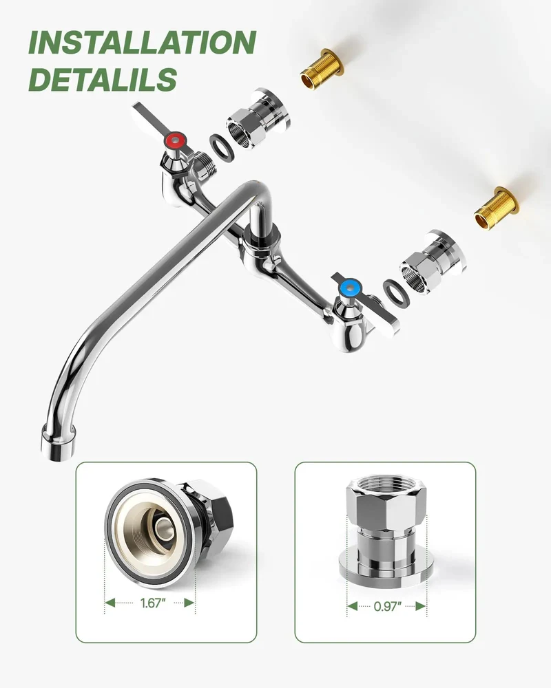 Premium Wall Mount Faucet With Adjustable Eight Inch Center Spread And Fourteen Inch Reach Swivel Spout Featuring Top Shelf Dual Handles And Built Tough Design For Heavy Duty Commercial Sinks