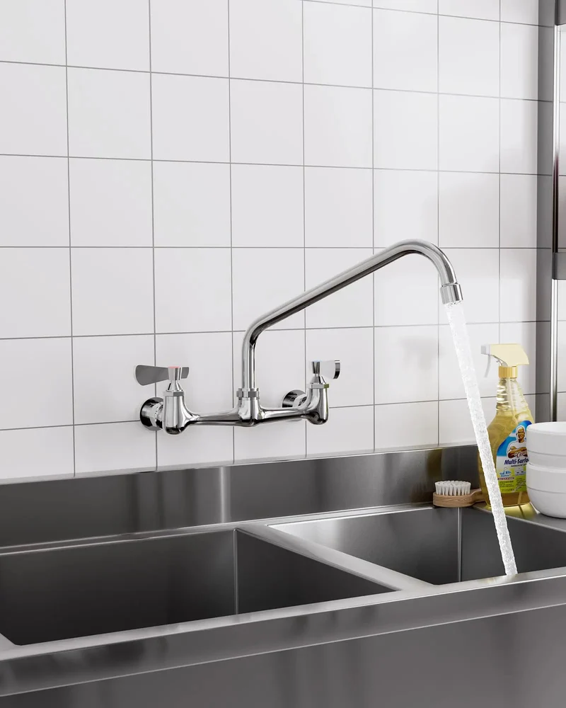 Premium Wall Mount Faucet With Adjustable Eight Inch Center Spread And Fourteen Inch Reach Swivel Spout Featuring Top Shelf Dual Handles And Built Tough Design For Heavy Duty Commercial Sinks