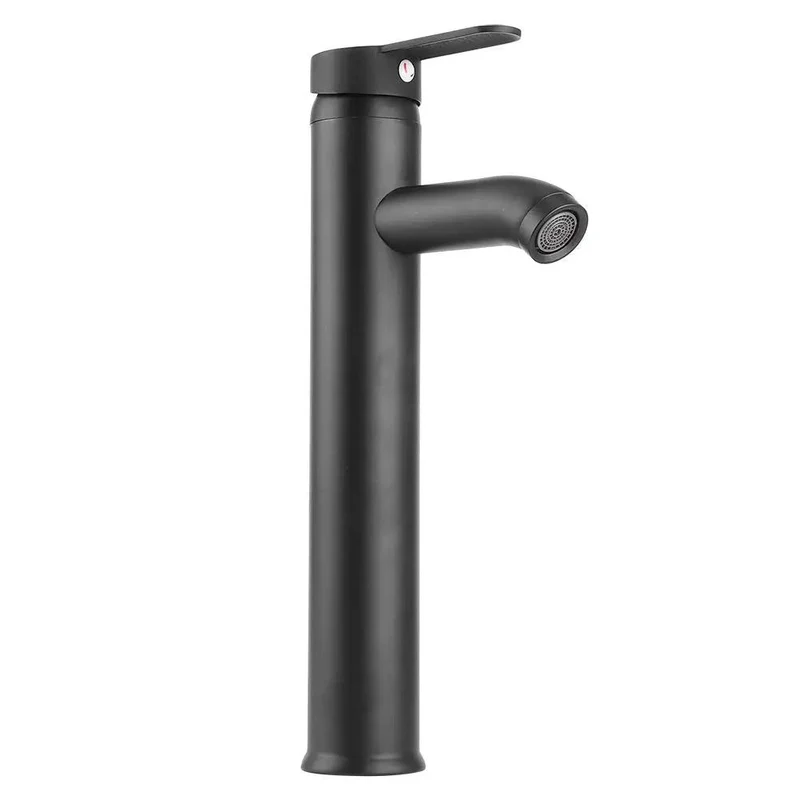 Premium Stainless Steel Tall Basin Faucet In Sleek Black With Integrated Bubbler Filter To Soften Water And Cut Noise Featuring Rock Solid Resiliency Against Heat And High Pressure While Delivering A Smooth Flow And Leak Proof Reliability For Vanity Tops