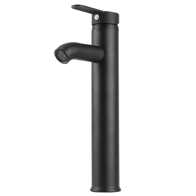 Premium Stainless Steel Tall Basin Faucet In Sleek Black With Integrated Bubbler Filter To Soften Water And Cut Noise Featuring Rock Solid Resiliency Against Heat And High Pressure While Delivering A Smooth Flow And Leak Proof Reliability For Vanity Tops