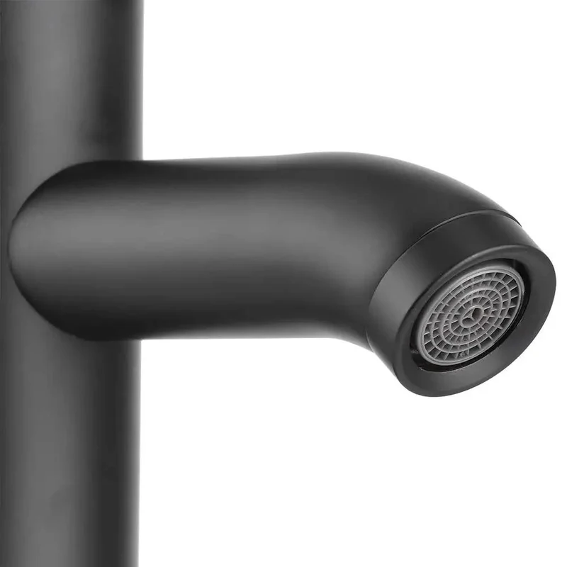 Premium Stainless Steel Tall Basin Faucet In Sleek Black With Integrated Bubbler Filter To Soften Water And Cut Noise Featuring Rock Solid Resiliency Against Heat And High Pressure While Delivering A Smooth Flow And Leak Proof Reliability For Vanity Tops