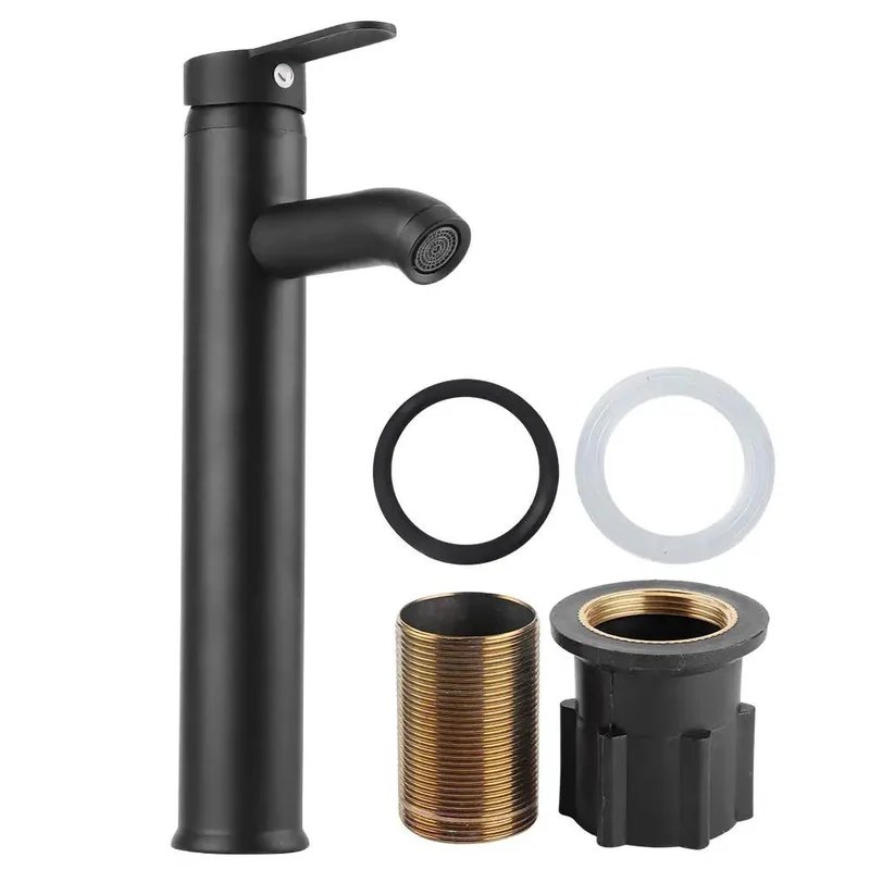 Premium Stainless Steel Tall Basin Faucet In Sleek Black With Integrated Bubbler Filter To Soften Water And Cut Noise Featuring Rock Solid Resiliency Against Heat And High Pressure While Delivering A Smooth Flow And Leak Proof Reliability For Vanity Tops