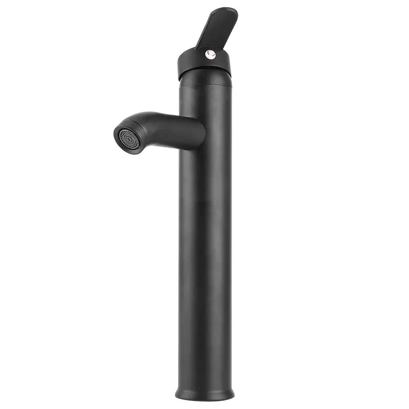 Premium Stainless Steel Tall Basin Faucet In Sleek Black With Integrated Bubbler Filter To Soften Water And Cut Noise Featuring Rock Solid Resiliency Against Heat And High Pressure While Delivering A Smooth Flow And Leak Proof Reliability For Vanity Tops