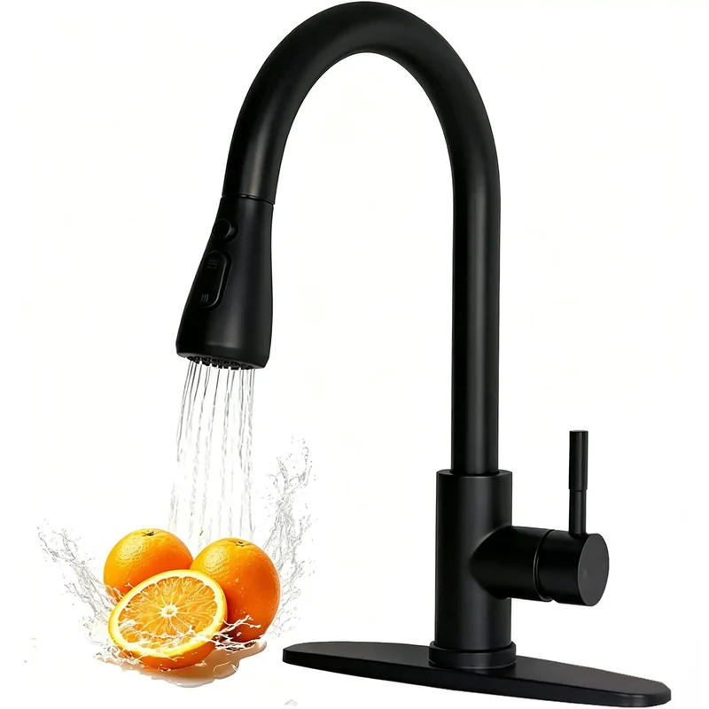 Rugged Matte Black Kitchen Faucet With Pull Down Sprayer Heavy Duty Stainless Steel High Arc Single Handle Tap Packing Three Spray Modes And Smooth 360 Swivel Quick Swap Fit For Farmhouse RV Laundry Or Bar Sink