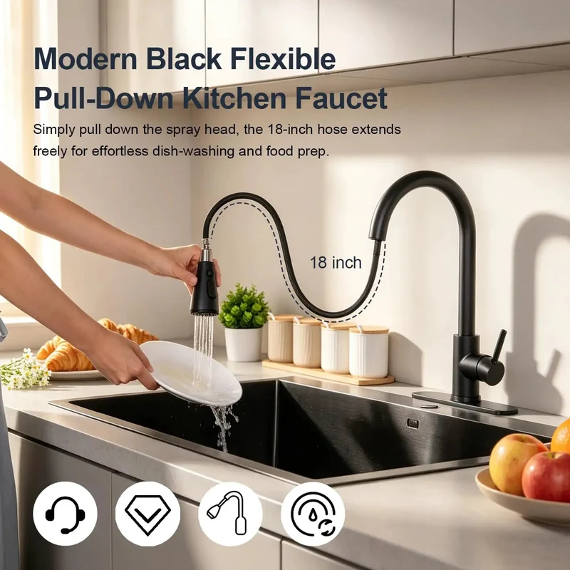 Rugged Matte Black Kitchen Faucet With Pull Down Sprayer Heavy Duty Stainless Steel High Arc Single Handle Tap Packing Three Spray Modes And Smooth 360 Swivel Quick Swap Fit For Farmhouse RV Laundry Or Bar Sink