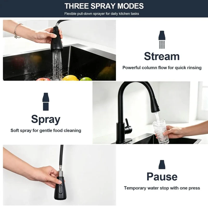 Rugged Matte Black Kitchen Faucet With Pull Down Sprayer Heavy Duty Stainless Steel High Arc Single Handle Tap Packing Three Spray Modes And Smooth 360 Swivel Quick Swap Fit For Farmhouse RV Laundry Or Bar Sink