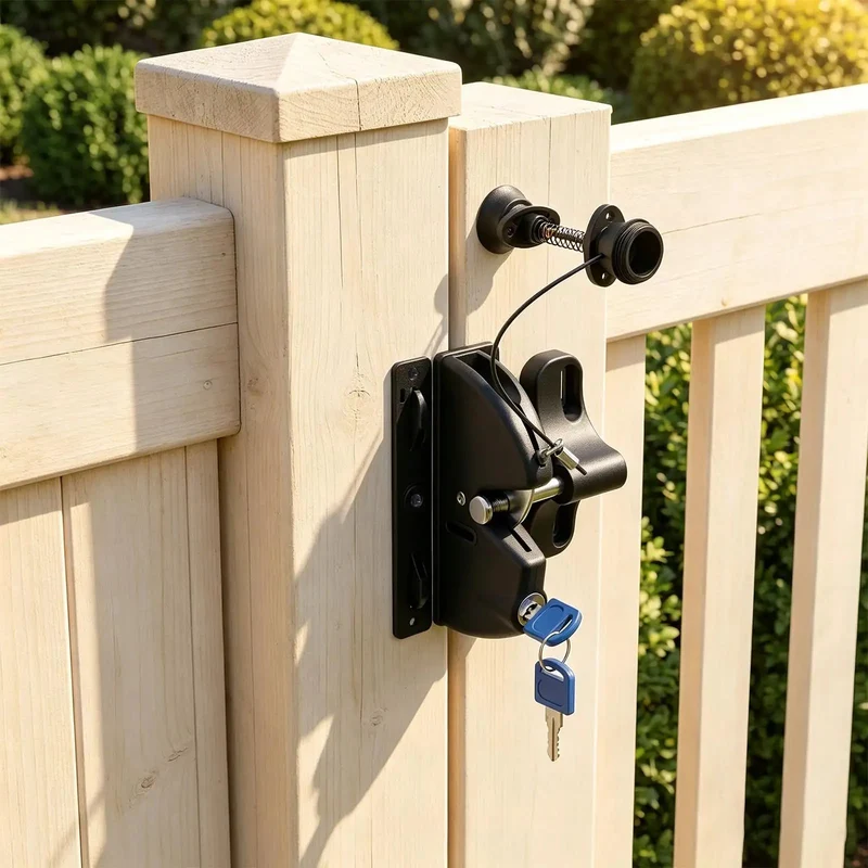 Heavy Duty Two Sided Gate Latch Key Lockable Fence Lock With Pull Cable Hella Secure Automatic Self Locking Keeps Critters Out Pro Grade Yard Safety No Fuss Gravity Latch System