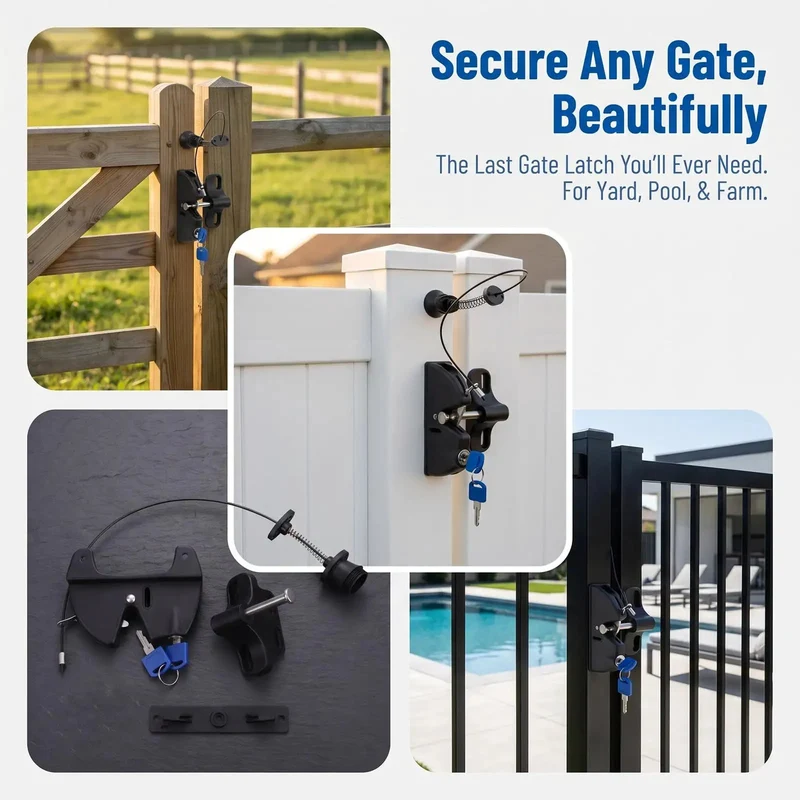 Lock It Down Tight Key Lockable Two Sided Gate Latch With Pull Cord For Wood Fences Automatic Snaps Shut For Secure Backyards Dual Keys Provided For Effortless Daily Use