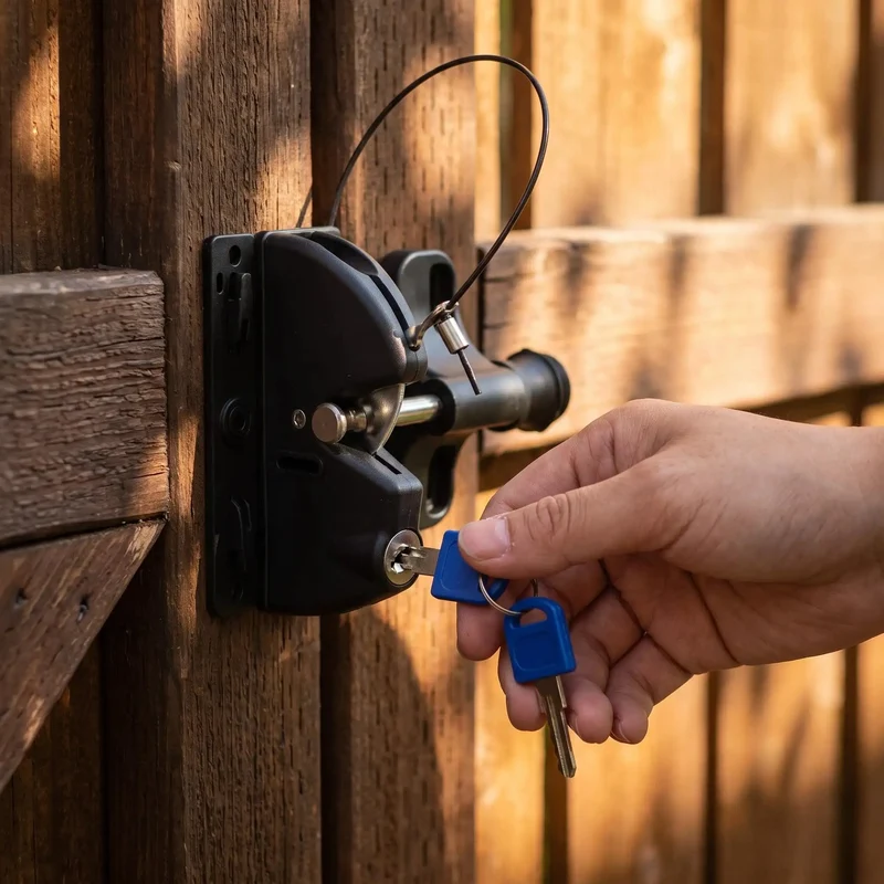 Lock It Down Tight Key Lockable Two Sided Gate Latch With Pull Cord For Wood Fences Automatic Snaps Shut For Secure Backyards Dual Keys Provided For Effortless Daily Use
