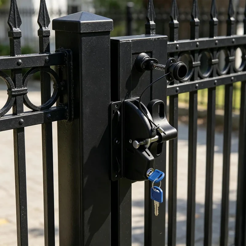 Lock It Down Tight Key Lockable Two Sided Gate Latch With Pull Cord For Wood Fences Automatic Snaps Shut For Secure Backyards Dual Keys Provided For Effortless Daily Use