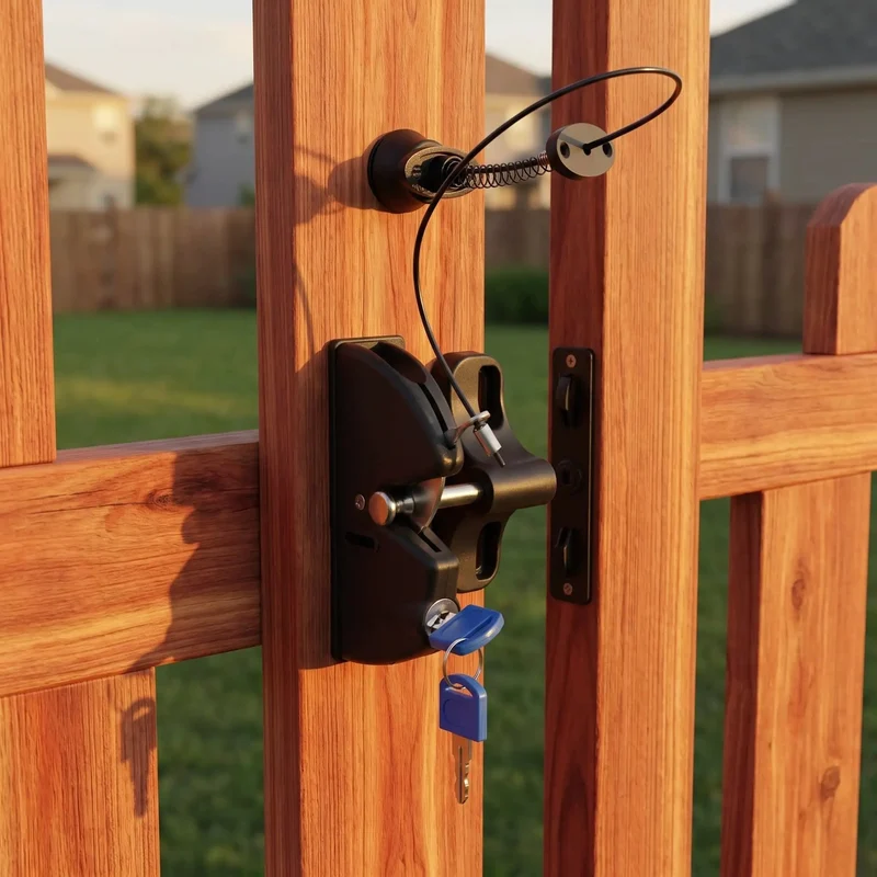 Heavy-Duty Self-Locking Gate Lock For Outdoor Fence With Key Reinforced Nylon 2-Sided Latch For Privacy Garden Yard Farm Gate Weatherproof Rock Solid Lockdown Easy Install