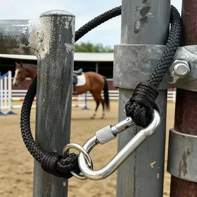 Straight Up Heavy Duty Horse Gate Latch With Rust Resistant Nylon Steel Tie Rope For Secure Barn Fence Fastening And Dependable Outdoor Livestock Herd Gear