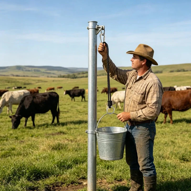Straight Up Heavy Duty Horse Gate Latch With Rust Resistant Nylon Steel Tie Rope For Secure Barn Fence Fastening And Dependable Outdoor Livestock Herd Gear