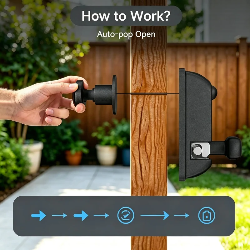 Heavy Duty One Hand Spring Pop Gate Latch With Self Locking Design For Wood And Vinyl Fences Rustproof Weatherproof Slick Black Coating No Sweat Quick Release