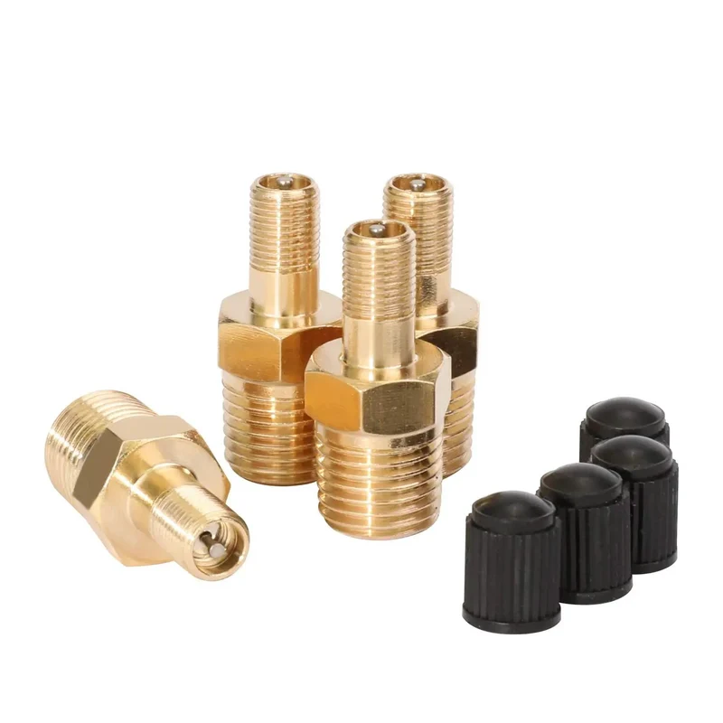 Top Shelf 4 Pack 1/4 Inch NPT Male Thread Brass Tank Valve With Standard Valve Core And Sealing Caps For Air Compressor Inflation Vessel Filling Solid Brass Build Keeps Airtight No Leaky Junk