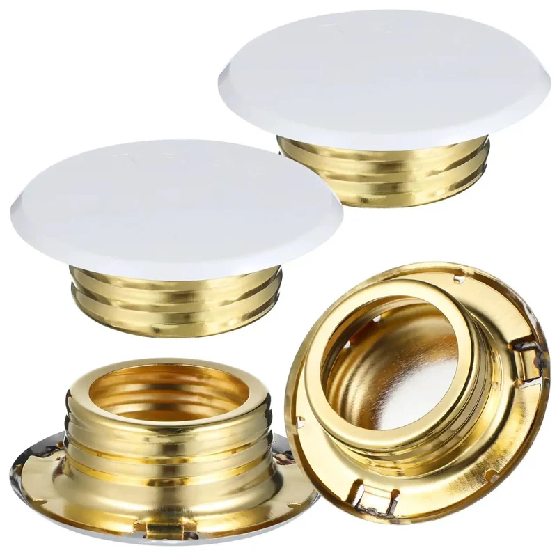 Four Piece White Ceiling Fire Sprinkler Protector Covers With Slick Decorative Trim Rings And Concealed Escutcheon Plates For Indoor Use That Provide Straight Up Protection And No Sweat Setup