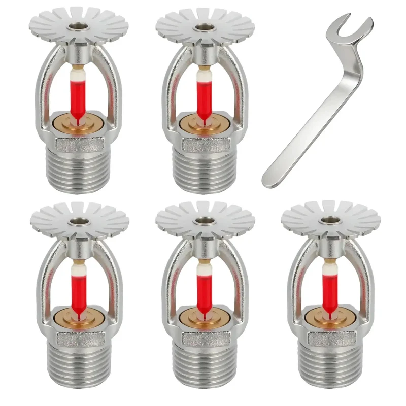 Heavy Duty 5 Piece Pendent Fire Sprinkler Heads With 155 Degree Fahrenheit Rating And Ballistic Brass Build 1/2 Inch NPT Thread For Quick Response Water Spray Kick Ass Protection For Residential And Commercial Sites