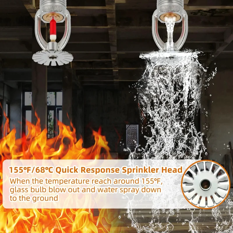Heavy Duty 5 Piece Pendent Fire Sprinkler Heads With 155 Degree Fahrenheit Rating And Ballistic Brass Build 1/2 Inch NPT Thread For Quick Response Water Spray Kick Ass Protection For Residential And Commercial Sites
