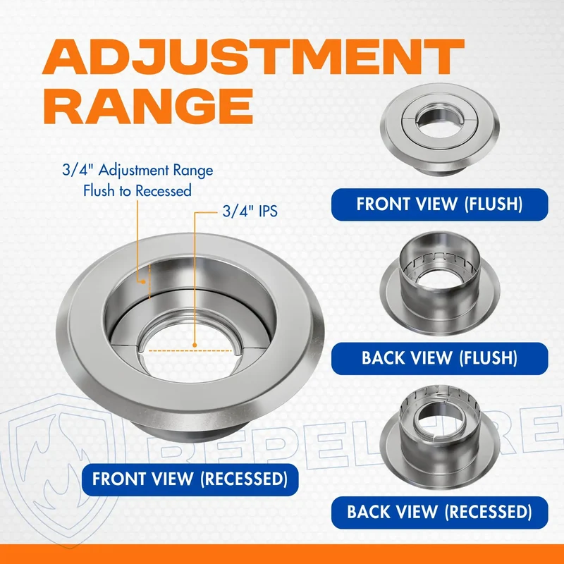 Retrofit Recessed Fire Sprinkler Escutcheon Split Three Piece Chrome Finish Depth Adjustable Ceiling Plate Safety Code Compliant Plug And Play Tight Fit Hassle Free Slick Upgrade For Your Project