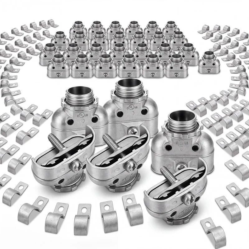 Heavy Duty Pro Gear 124 Piece Electrical Conduit Kit Featuring Rock Solid Zinc Box Fittings And Durable Plated Steel Cable Clips For No Hassle Flex AC NM Wire Routing