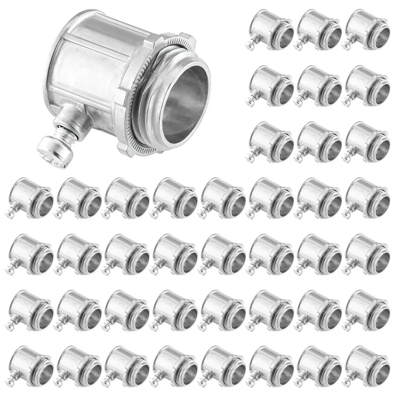 Fifty Piece Pack Of Super Tough EMT Connectors For Half Inch Electrical Conduit Systems Featuring Corrosion Resistant Zinc Alloy Build For Snug Tight Wire Runs And No Sweat Installations