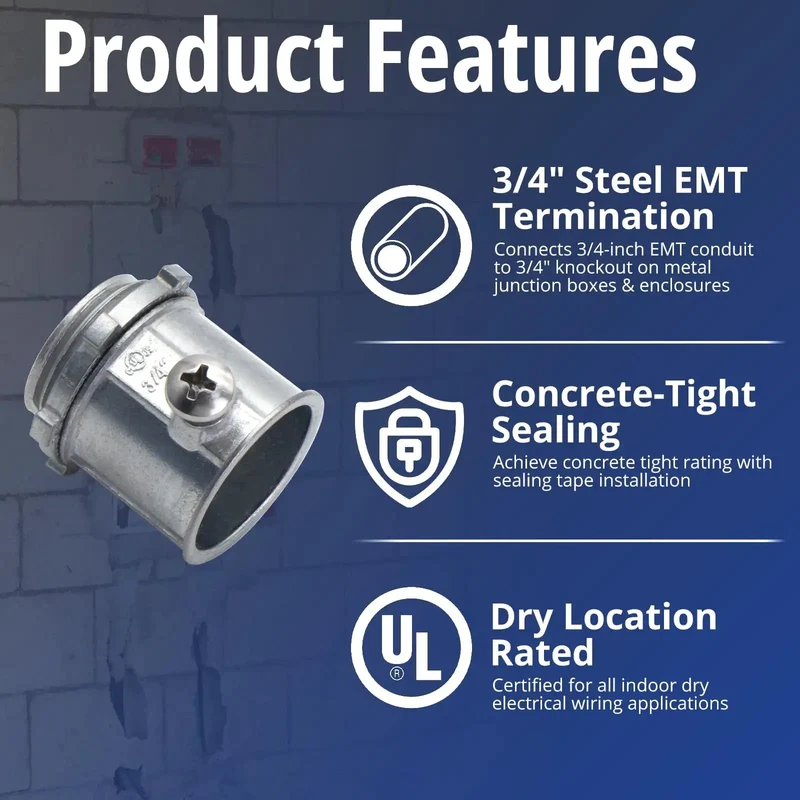 Built Tough 3/4 Inch Emt Set Screw Connector Heavy Gauge Zinc Die Cast Concrete Tight Dust Shield Anti Vibration Lock Ul Certified For Commercial Wire Installations 8 Piece Bundle