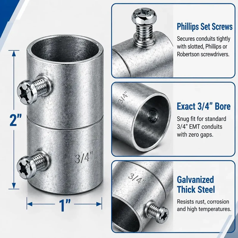 10 Pack 3/4 Inch Emt Couplings Set Screw Connectors Rock Solid Galvanized Steel Electrical Conduit Fittings For Residential Wiring And Commercial Job Sites Built Tough To Last