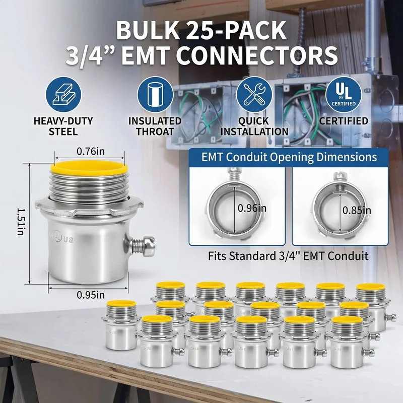 Solid As A Rock 3/4 Inch Emt Conduit Connectors 25 Pack Zinc Plated Set Screw Fittings With Insulated Throat Dead Simple Setup For Indoor Electrical Wiring That Demands Top Shelf Quality And Reliable Power Flow