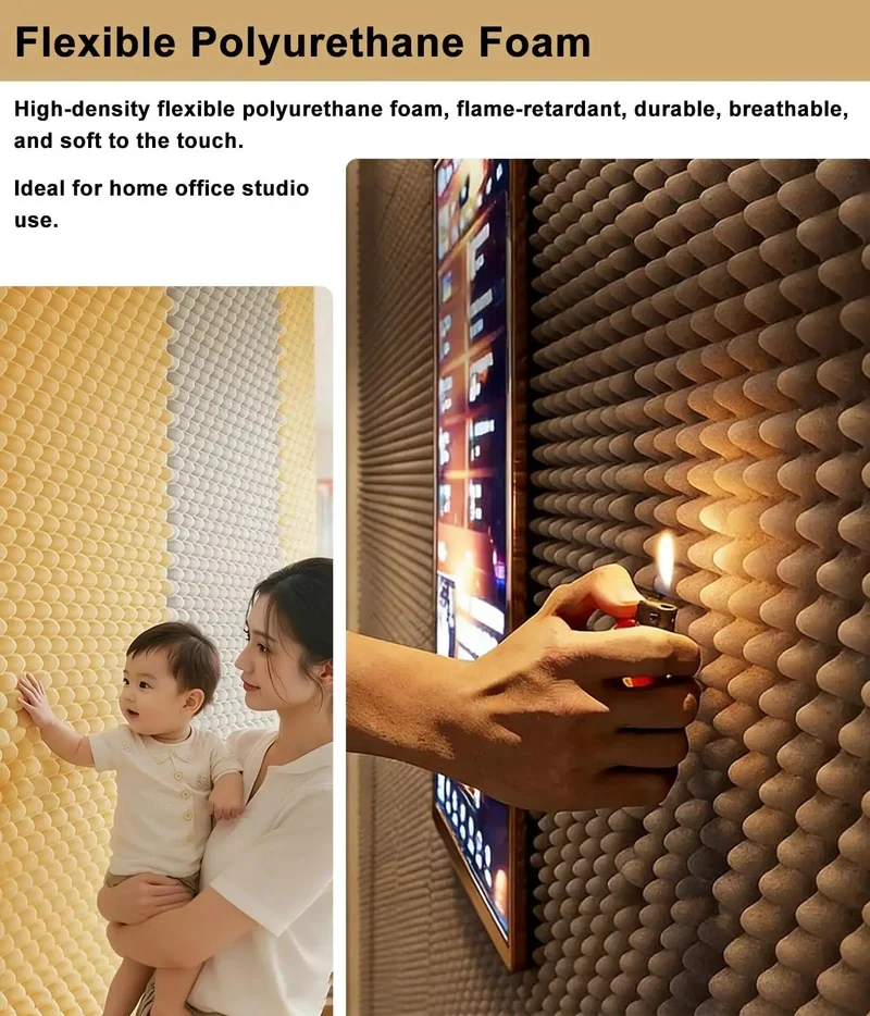 Orange High-Density Acoustic Foam Panels with Self Adhesive Peel and Stick to Banish Echo for Studio Vibes. These Easy Cut Soundproofing Wall Panels Offer Nifty Noise Reduction for Music Rooms and Home Theaters. A Dope Audio Dampening Solution.