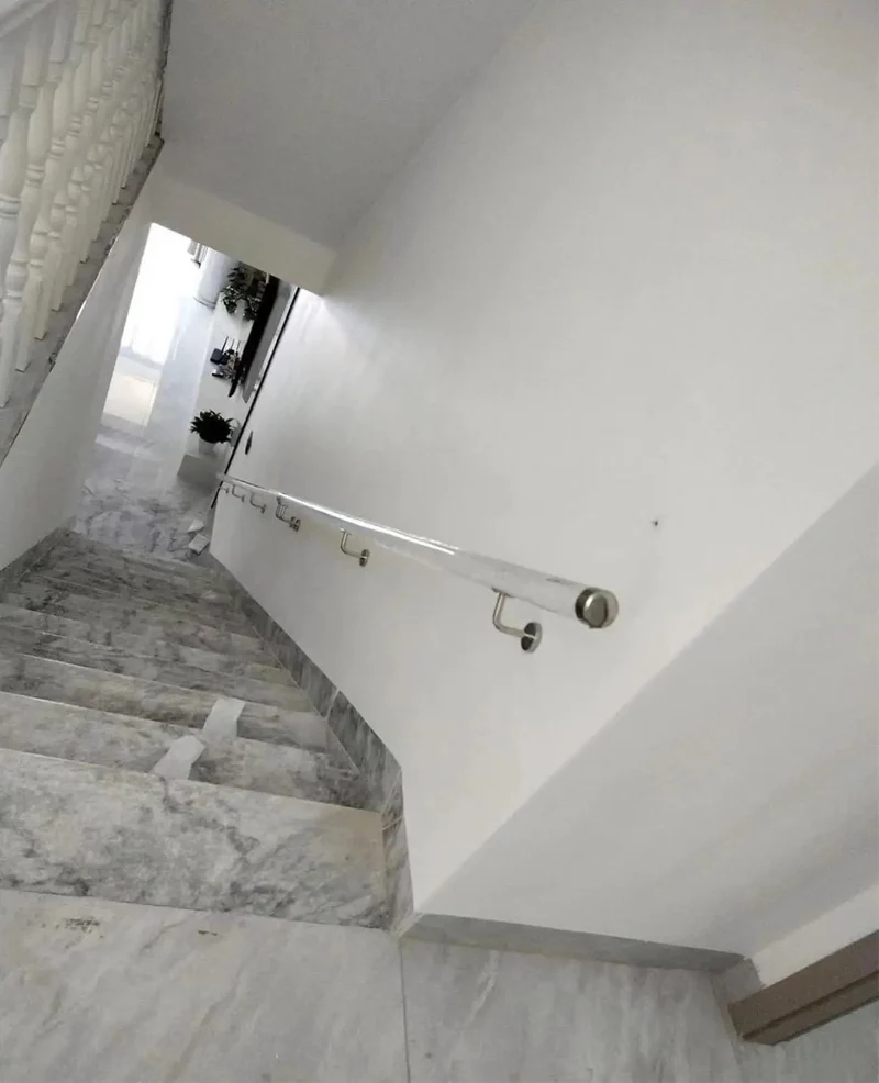 Crystal Clear Acrylic Stair Handrail With Chrome Brackets Delivers Hella Strong Safety Support For Indoor Homes Featuring Nonslip Transparent Pipe Handles In Multiple Custom Lengths Ideal For Elderly And Kids Wall Railing