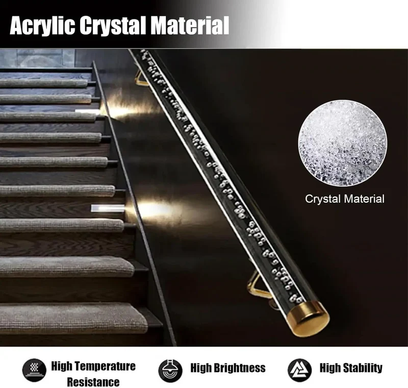 Heavy Duty Clear Acrylic Stair Handrail With Gold Brackets For Wall Mounts Non Slip Indoor Outdoor Banister Custom Lengths Grab Bar For Elderly Safe Support Built Tough Design Slick Finish And Quick Setup
