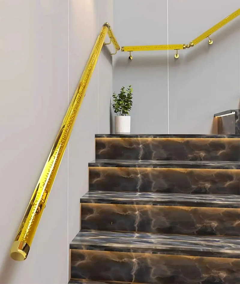 Premium Clear Acrylic Wall Mounted Stair Handrail With Gold Brackets Heavy Duty Indoor Banister Offers Legit Support And Secure Grip For Your Steps Top Shelf Build Custom Lengths Available