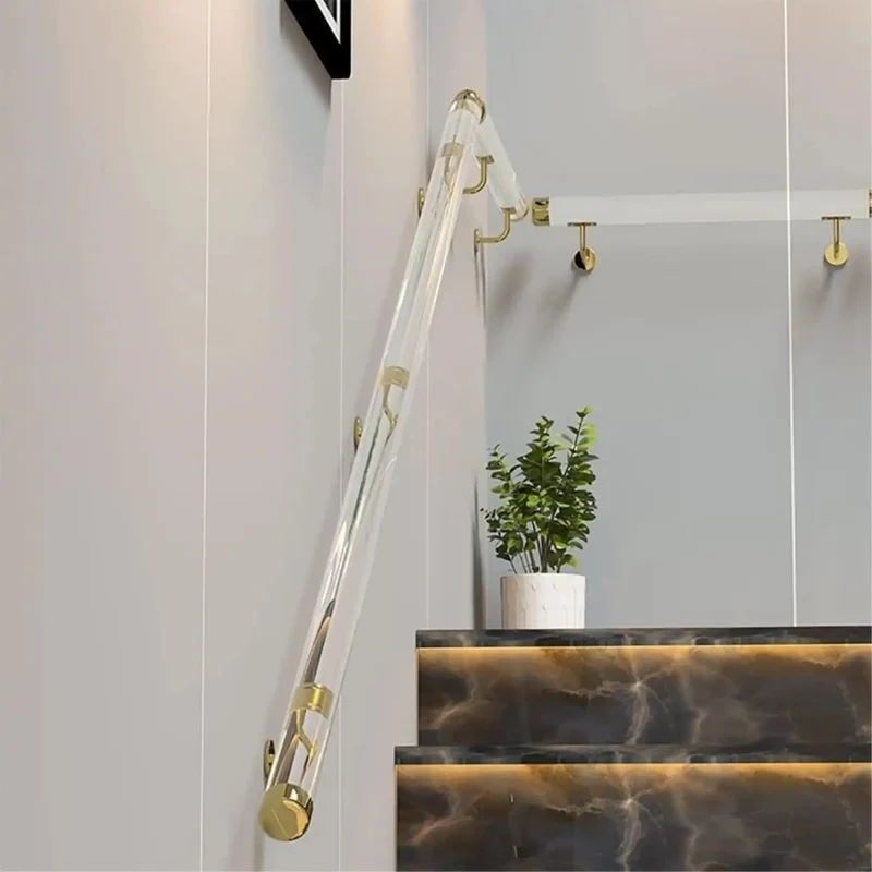 Badass Clear Acrylic Stair Handrail With Heavy Duty Gold Brackets And Custom Cut Sizes For A Sick Indoor Outdoor Wall Mount Grab Bar Installation That Sets Up Easy