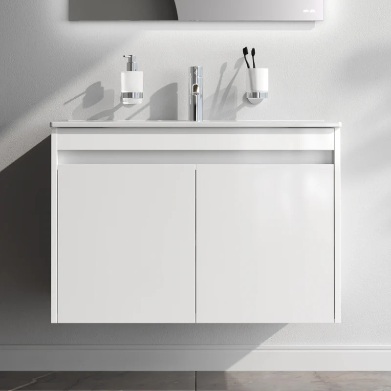 Waschtischunterschrank mit Waschbecken, 80 cm, als Flachpaket, 2 Türen, Weiß glänzend – MPAX0801WG-C0802WG