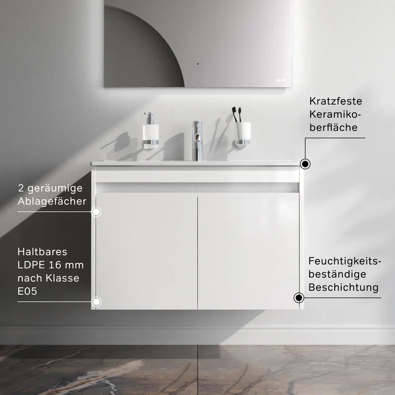Waschtischunterschrank mit Waschbecken, 80 cm, als Flachpaket, 2 Türen, Weiß glänzend – MPAX0801WG-C0802WG