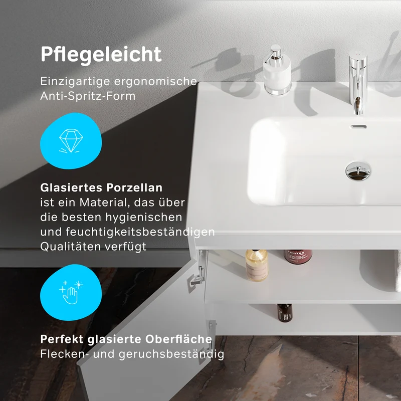 Waschtischunterschrank mit Waschbecken, 80 cm, als Flachpaket, 2 Türen, Weiß glänzend – MPAX0801WG-C0802WG