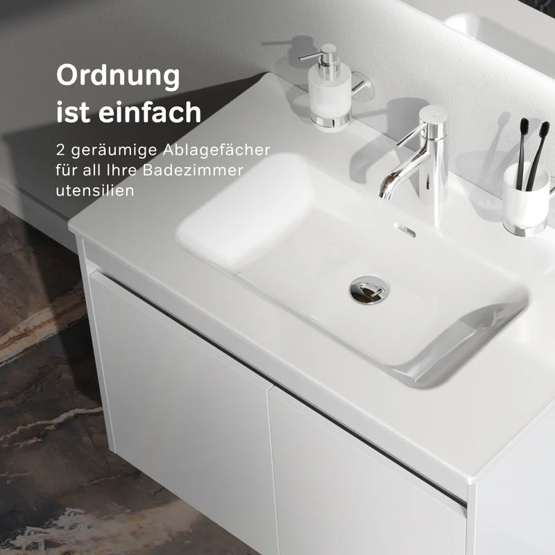 Waschtischunterschrank mit Waschbecken, 80 cm, als Flachpaket, 2 Türen, Weiß glänzend – MPAX0801WG-C0802WG