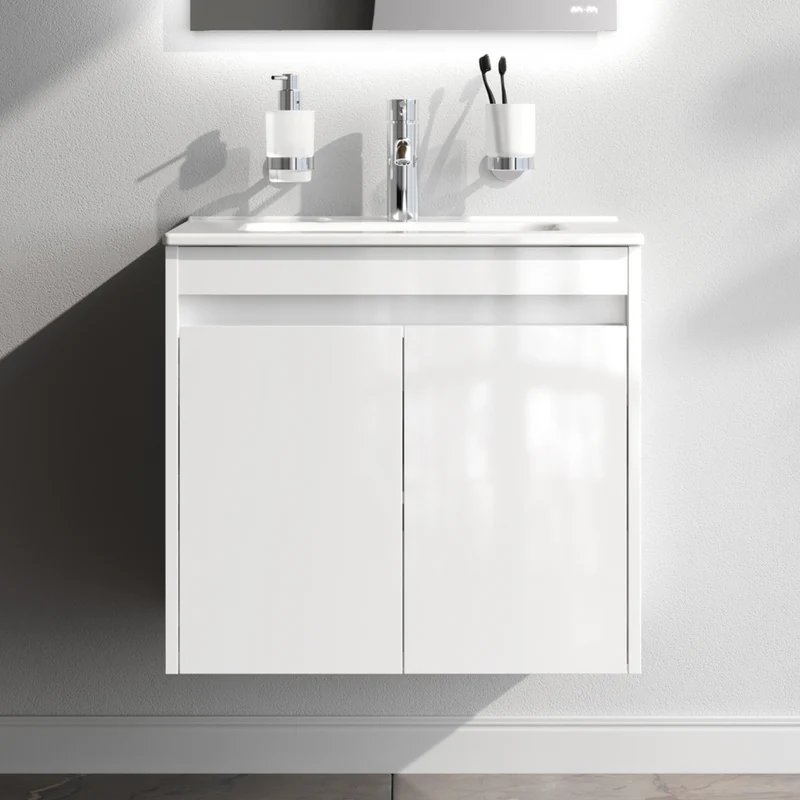 Waschtischunterschrank mit Waschbecken, 60 cm, als Flachpaket, 2 Türen, Weiß glänzend – MPAX0601WG-C0602WG