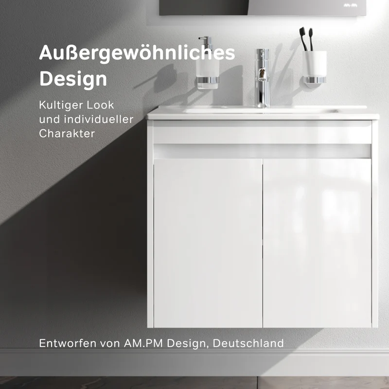 Waschtischunterschrank mit Waschbecken, 60 cm, als Flachpaket, 2 Türen, Weiß glänzend – MPAX0601WG-C0602WG