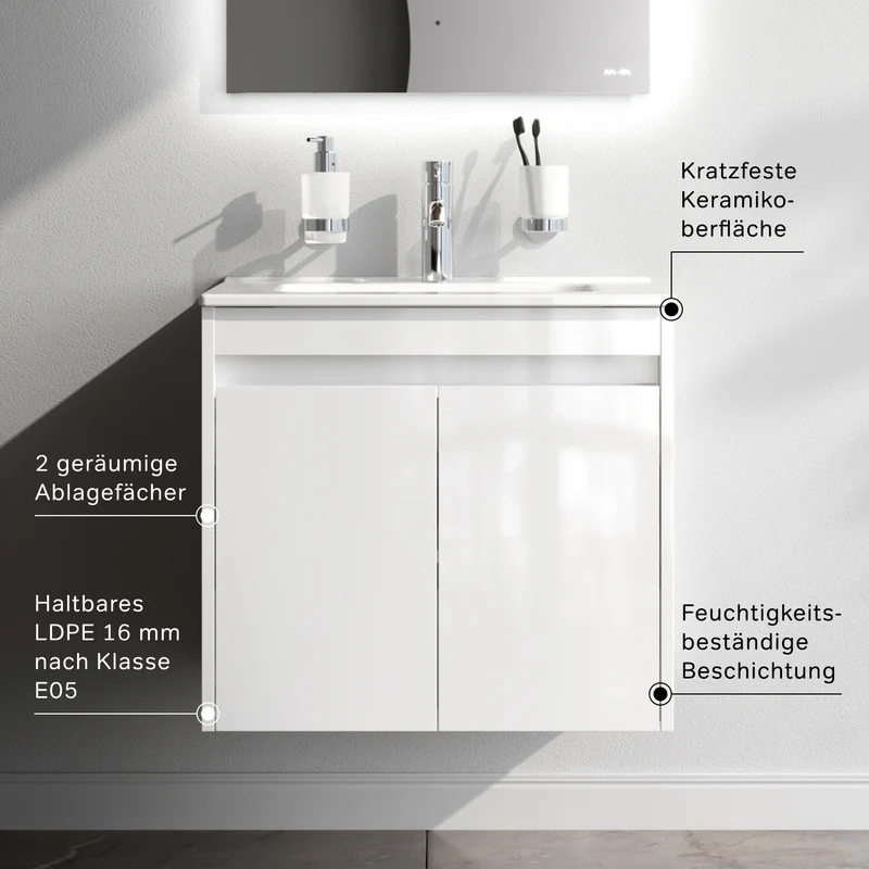 Waschtischunterschrank mit Waschbecken, 60 cm, als Flachpaket, 2 Türen, Weiß glänzend – MPAX0601WG-C0602WG